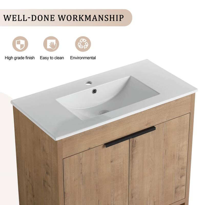 Bathroom Vanity with Ceramic Vessel Sink, Adjustable Shelves, Metal Handles, Soft-Closing Door Hinges - 35.9in L Plywood