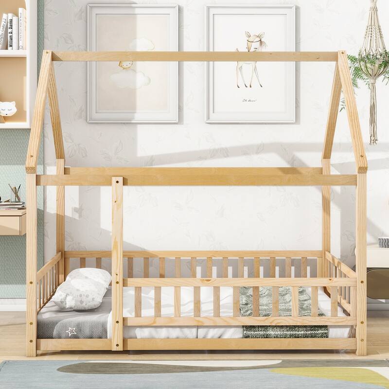 Twin/Full House Floor Bed for Kids, Wooden Montessori Bed Frame with Roof and Safety Guardrail for Boys or Girls, Twin/Full Size - Natural - Full