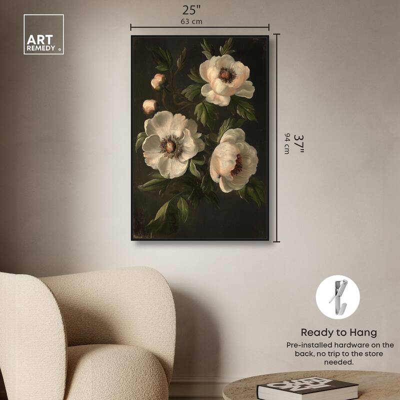 White Peonies in Dark I Canvas by Art Remedy