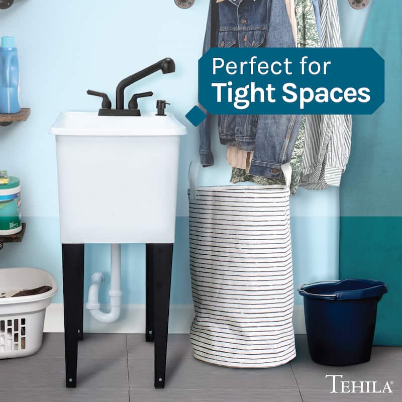 TEHILA White 16-Gallon Space Saver Utility Sink Laundry Tub with Pull-Out Faucet