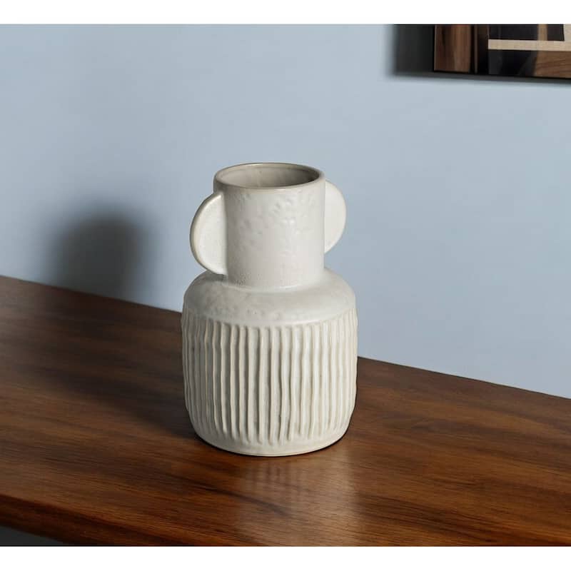 Whitewash Handled Textured Ceramic Vase
