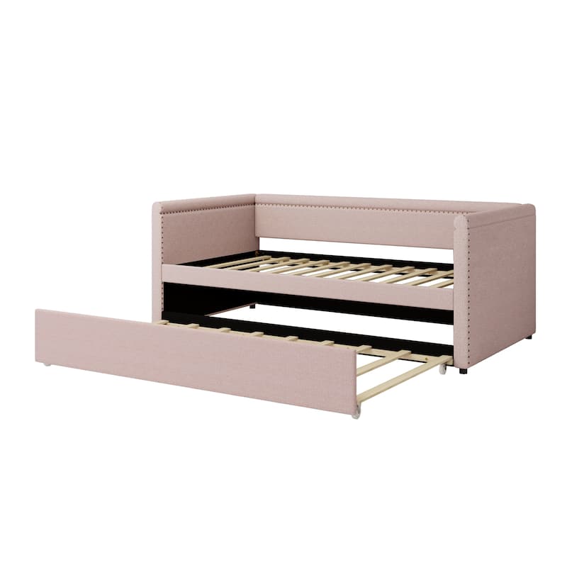 Modern Style Twin Size Upholstered Daybed with Trundle for Guest Room, Small Bedroom, Study Room, Beige
