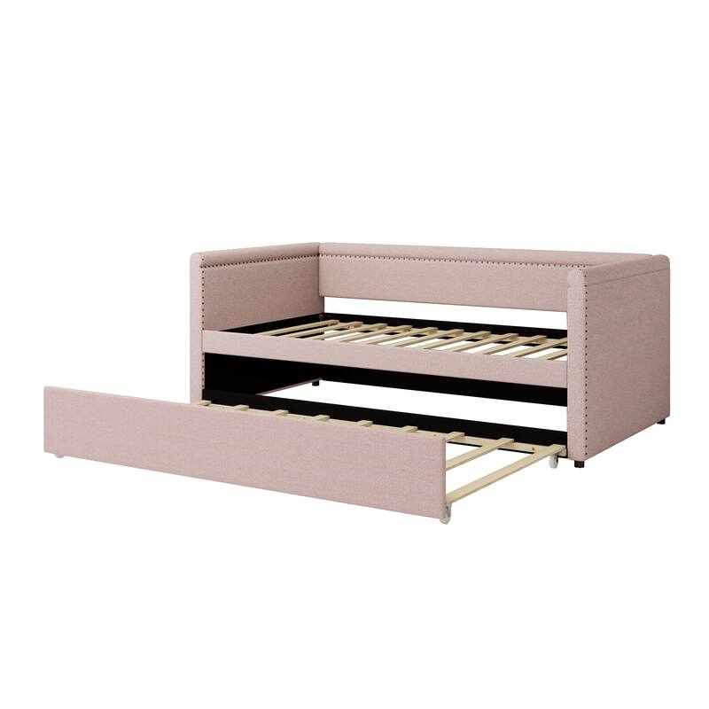 Twin Size Upholstered Daybed with Twin Trundle, Solid Wood Sofa Bed Frame with Nailhead Trim for Guest Room & Small Bedroom