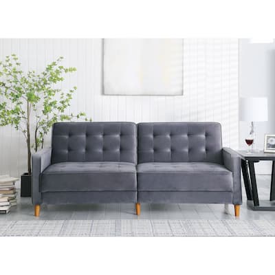 Modern Velvet Upholstered Sofa Bed with Adjustable Backrest and Square Arms