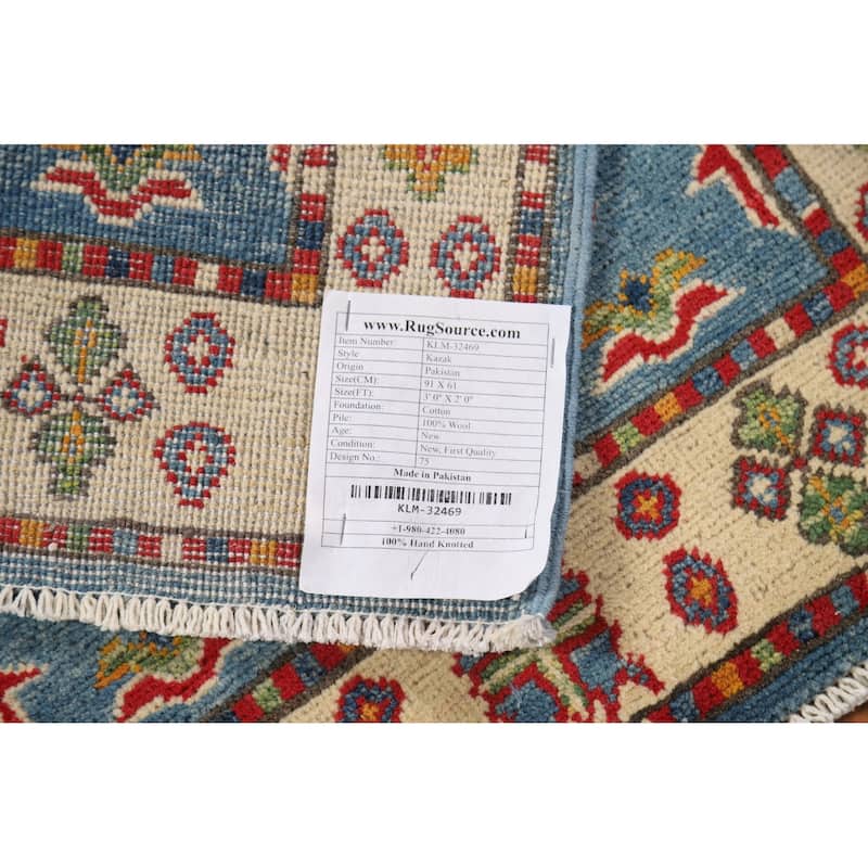 Light Blue Geometric Kazak Foyer Rug Handmade Wool Carpet - 2'0" x 3'0"