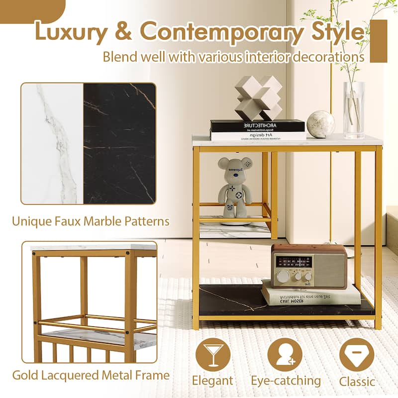 Gymax End Table 3-Tier Faux Marble Side Table w/ Storage Shelves