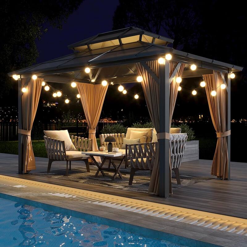 Hardtop Outdoor Double Roof Gazebo, Aluminum Frame Permanent Pavilion with Curtains and Nettin