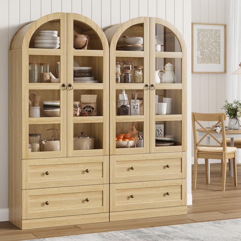 Kitchen Pantry Cabinet, 72" Tall Arched Kitchen Pantry Storage Cabinet, Wood Versatile Rustic Cupboard with Drawers
