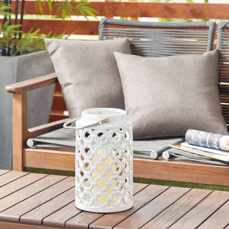 Ceramic Circles Decorative Candle Lantern with Cut Out Design - White - Roche River Decor