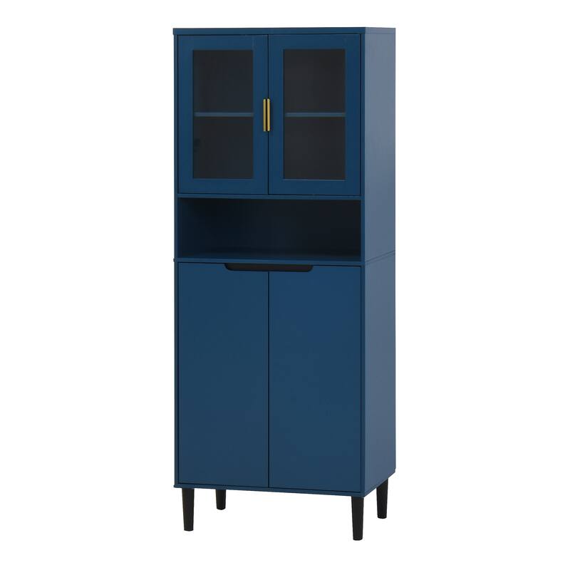 Tall Storage Show Cabinet with 2 Glass Display Door & 2 Doors, Modern Cabinet Freestanding for Bathroom, Dining Living Room