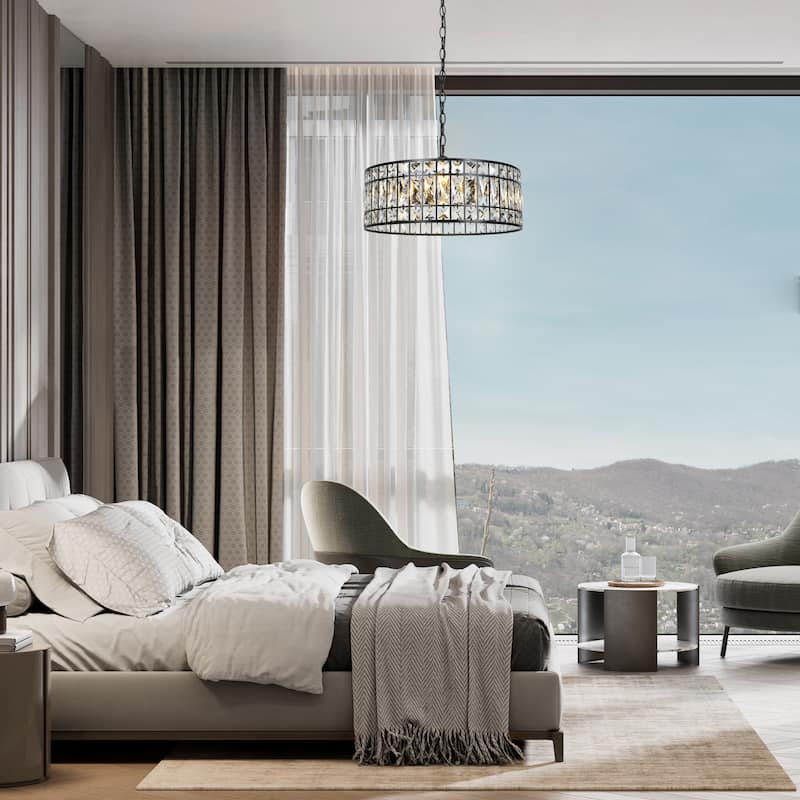 Aulia Modern 3-Light Black Crystal Drum Chandelier for Living Dining Room