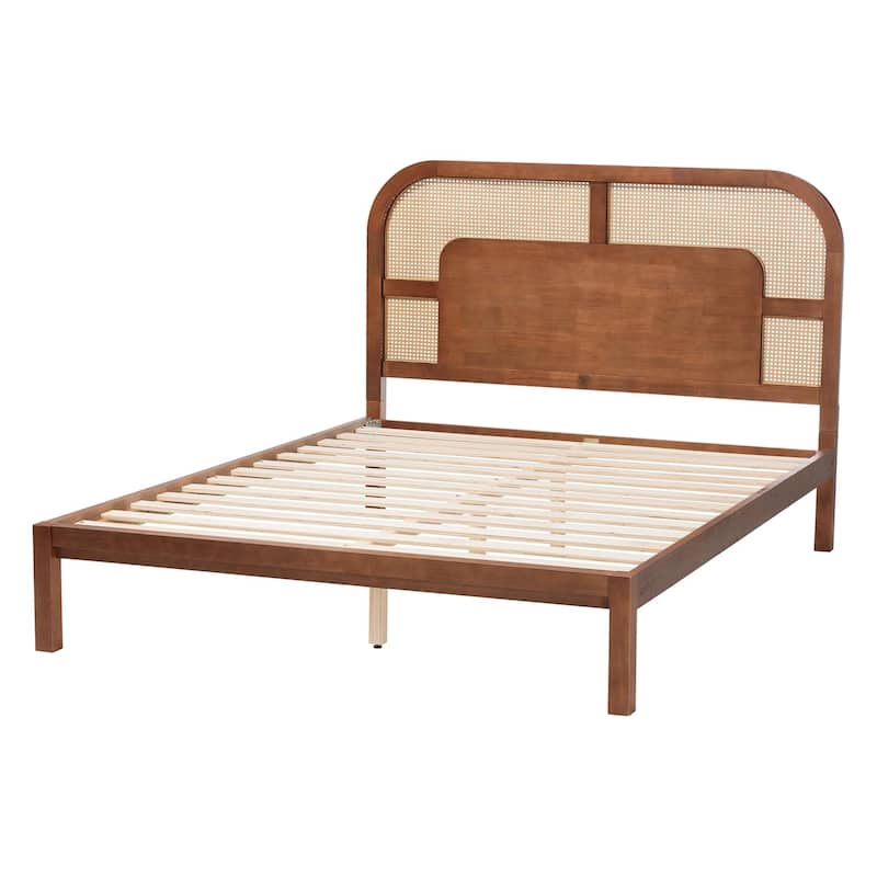 Raewyn Wood Platform Bed - Low Profile Bed Frame with Decorative Rattan Weave Inlay and Rounded Headboard, Queen