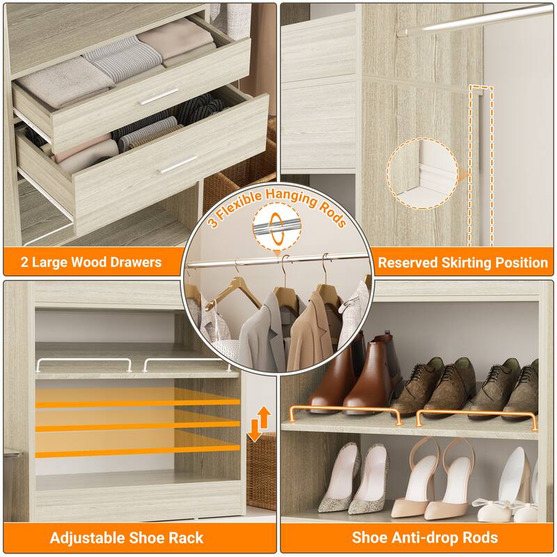 Rhezo 69"-145" W Closet System With 5 Wooden Drawers and 6 Hanging Rods,Walk-in Closet Organizer with Shoe Rack and Storage Cube