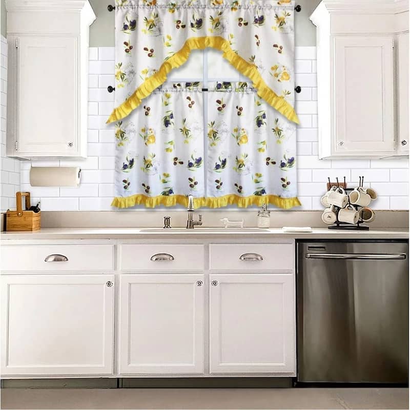 3 Piece Kitchen Curtain Rod Pocket Decorative Window Treatment Valance & Swag Curtain Set