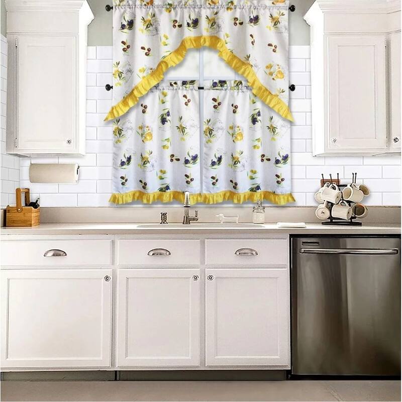 3 Piece Kitchen Curtain Rod Pocket Decorative Window Treatment Valance & Swag Curtain Set - Valdorcia