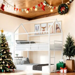 Twin over Twin,House Bunk Bed Metal Bed Frame Built-in Ladder,Bunk Beds for Kids,No Box Spring Needed