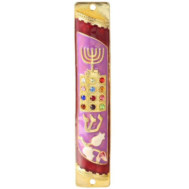 Matashi Hand Painted Enamel Mezuzah Embellished w/ Menorah, Priestly Breastplate