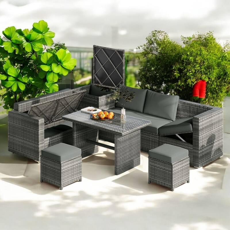 6-Piece Outdoor All-Weather PE Rattan Sofa Set with Adjustable Seating, and Glass Table for Patio, Garden, or Backyard