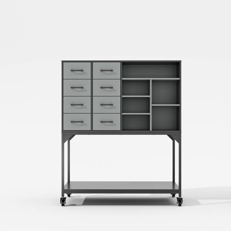 Industrial Metal Storage Cabinet with Pegboard, Adjustable Shelves and Wheels, Garage Tool Organizer with Soft-Close Doors