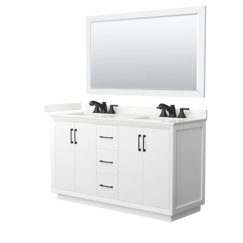Strada 60-inch Double Vanity, Quartz Top, 58-inch Mirror - White, Black Trim, Giotto Quartz Top
