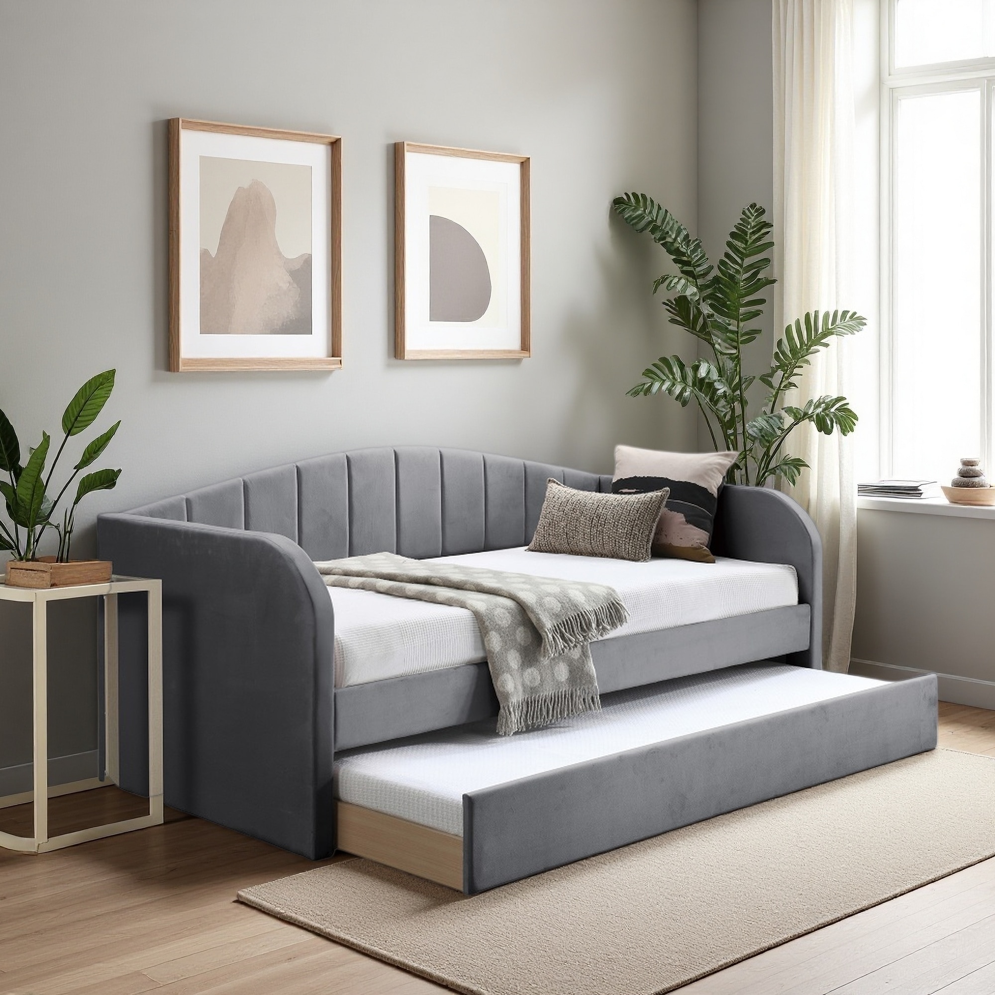Twin Size Velvet Upholstered Daybed with Trundle