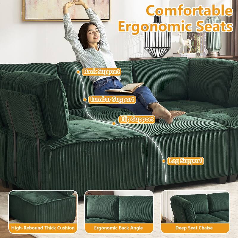 U-Shaped Corduroy Upholstered 6-Seat Convertible Modular Sectional Sofa Fit for Living Room