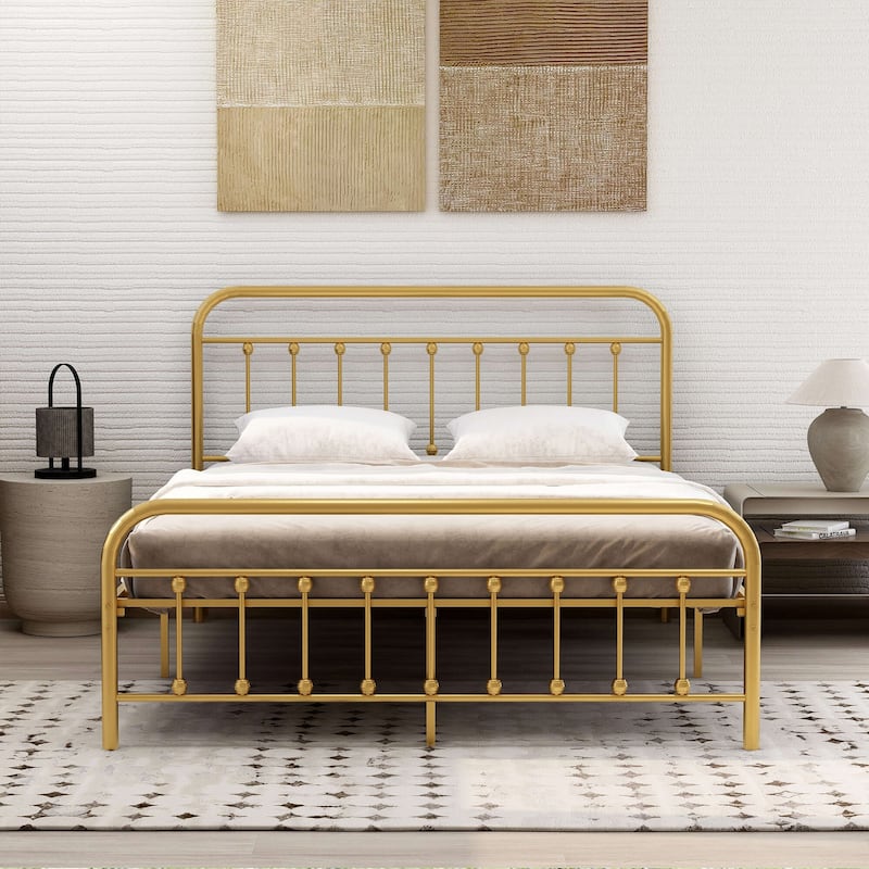 NNV Platform Metal Bed Frame with Victorian Style Iron-Art Headboard