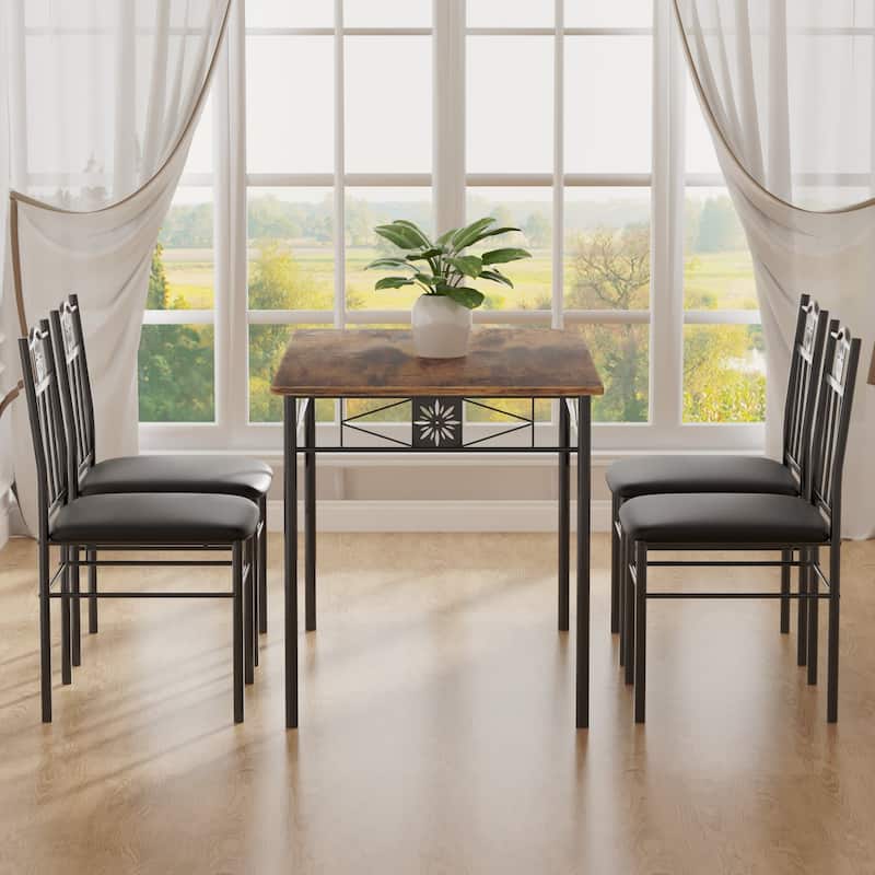 VECELO Modern 3/5-piece Dining Set Tempered Glass Top and Wood Top, Steel Dining Table and Chair Set of 2/4