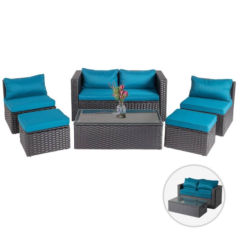 6-Piece All-Weather Wicker Conversation Sofa Set with Nesting Storage & Tea Table for Garden