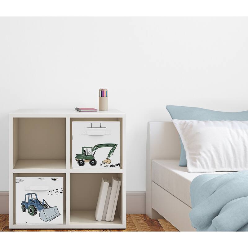 Construction Truck Collection Foldable Fabric Storage Bins - Grey Yellow Black Blue and Green Transportation