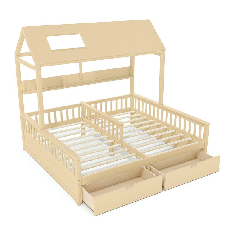 Double Twin Platform Bed with Storage Shelves and Drawers, House Platform Bed with Support Slats, Childlike