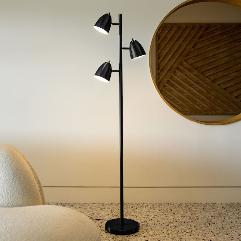 Brightech Jacob 64 in. Classic Black Mid-Century Modern 3-Light Adjustable LED Floor Lamp with 3 Black Metal Cone Shades