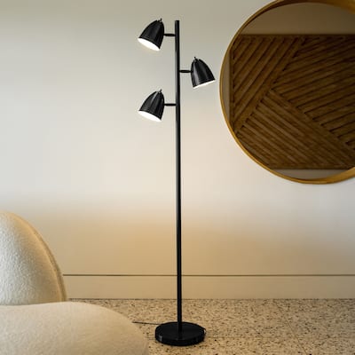 Brightech Jacob 64 in. Classic Black Mid-Century Modern 3-Light Adjustable LED Floor Lamp with 3 Black Metal Cone Shades