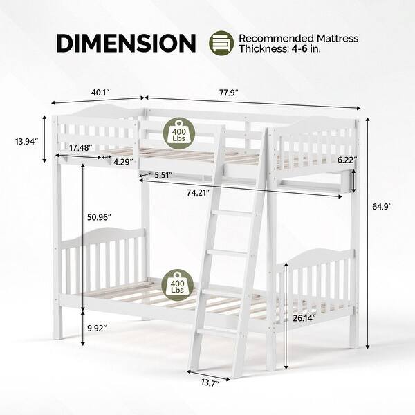 dimension image slide 2 of 5, Twin Over Twin Solid Wood Bunk Bed for Kids and Adults, No Box Spring Required