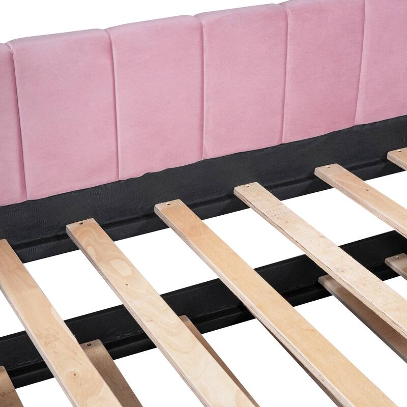 Twin Size Daybed Velvet Upholstered Sofa Bed with Trundle, Wood Platform Slat Support Bed Frame, Striped Tufted Backrest