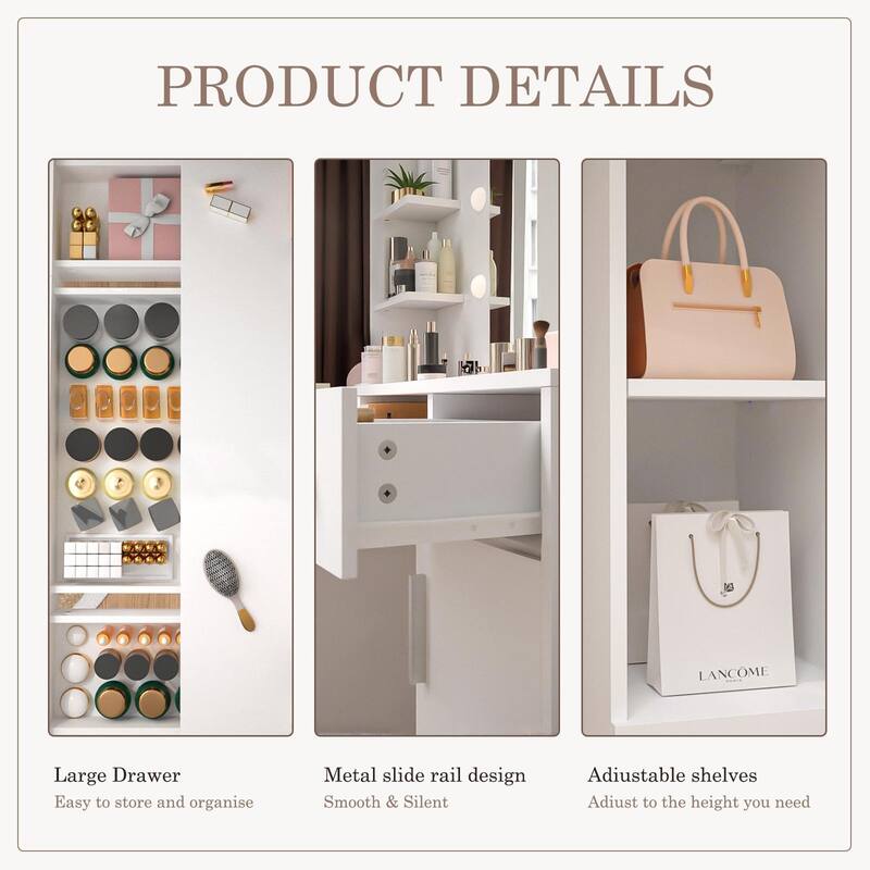 Rossetta Adjustable-Brightness Large LED Mirror Dressing Table with 3 Drawers, Plus Built-in Outlet & Hair Dryer Holder