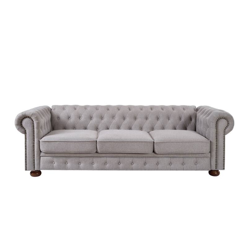 Chesterfield Sofa, 88.5" Upholstered Sofa Couch with Low Back, Roll Arm Nailhead Trim Classic 3 Seater Sofa for Living Room Home