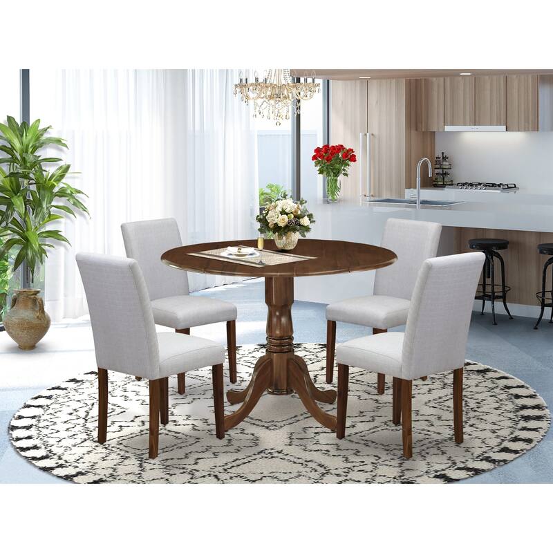East West Furniture Dining Table Set- a Round Dining Table and Upholstered Chairs, Antique Walnut(Pieces Options)