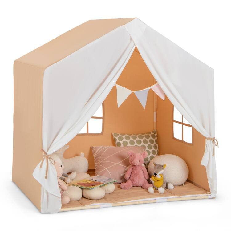 Kid's Play Tent with Washable Cotton Mat and Flag Banner - 52" x 36" x 51.5" (L x W x H) - Orange