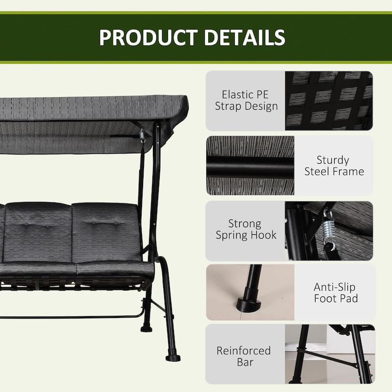 3-Seat Patio Swing, Adjustable Canopy, Thick Cushion, Steel Frame