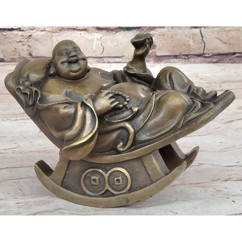 Laughing Buddha On Rocking Chair Bronze Figurine Statue Sculpture Original Art