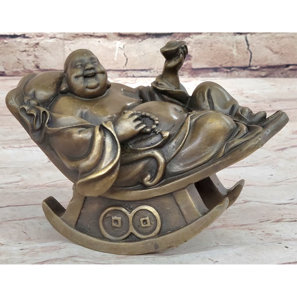 Laughing Buddha On Rocking Chair Bronze Figurine Statue Sculpture Original Art