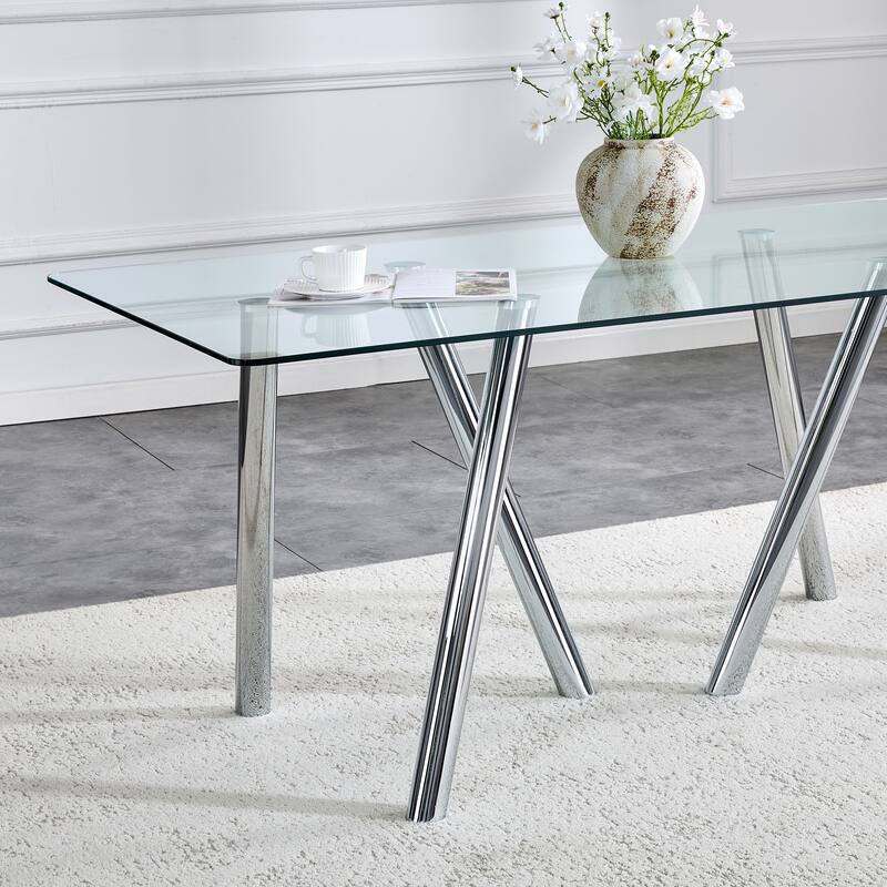 71-Inch Tempered Glass Dining Table with Sturdy Metal Legs