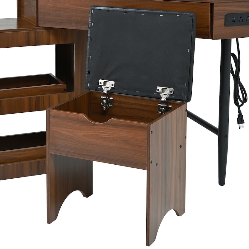 3 Drawer Vanity Desk with Glass Top Charging Station and Cushioned Stool