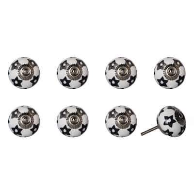 Silver and White Ceramic Floral Knobs Set of 8 with Screws - 1.5” x 1.5” x 1.5” (D x W x H)