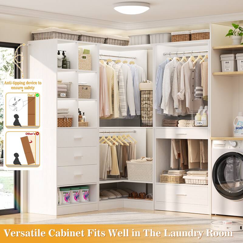 Qvella Corner Closet System with 4 Wooden Drawers & Hanging Rods & Pants Rack, Walk-in Closet Organizer System with Shoe Storage