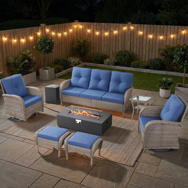 Pocassy 5/7 Piece Sofa Swivel Chair Ottoman with Fire Pit Table - Gray Wicker Blue Cushion - 7-Piece Sofa Swivel Chair Ottoman with Fire Table