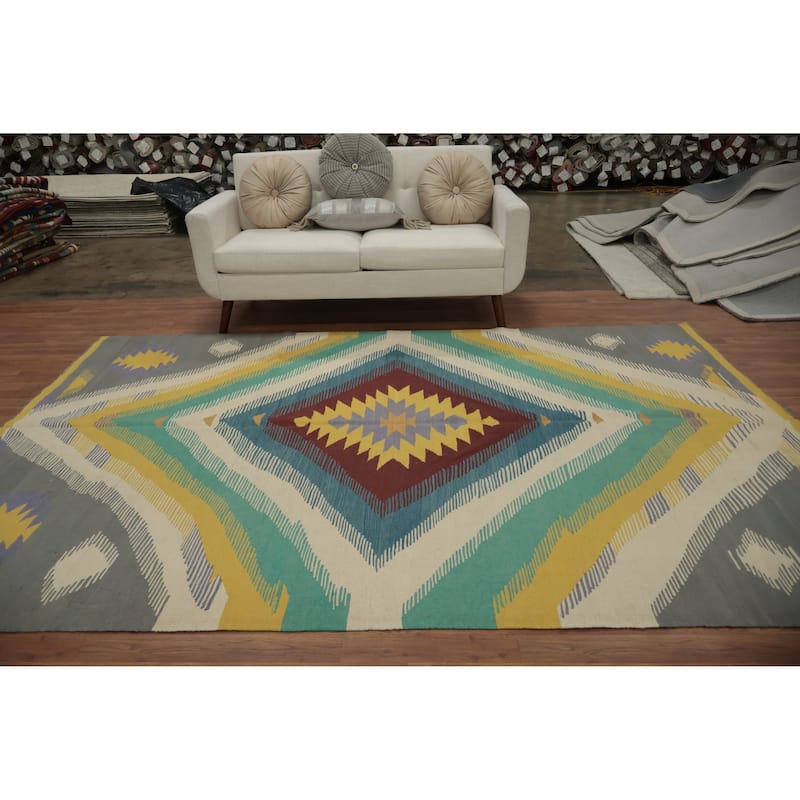 Hand Woven Oriental 100% Wool Carpet Southwestern Tribal Multi-Colored Kilim Area Rug - 9' 9'' X 6' 9''
