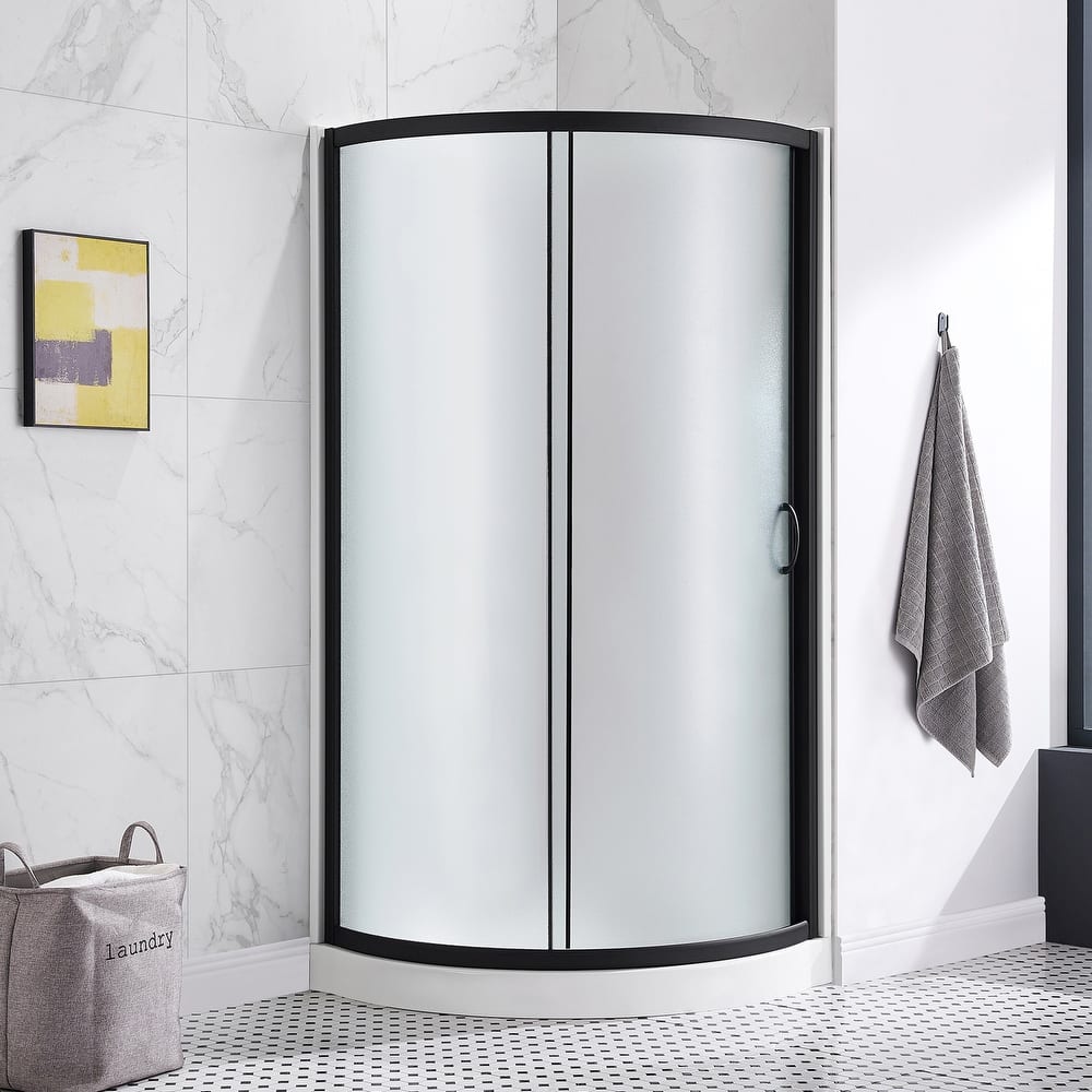 Breeze Round Corner Shower Kit with Frosted Sliding Door, Acrylic Wall and Shower Base Pan