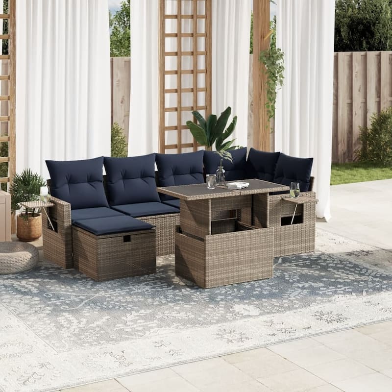 vidaXL Patio Sofa Set with Cushions and Table Outdoor Garden 7 Piece Poly Rattan - Gray - 24.4" x 24.4" x 27.2"